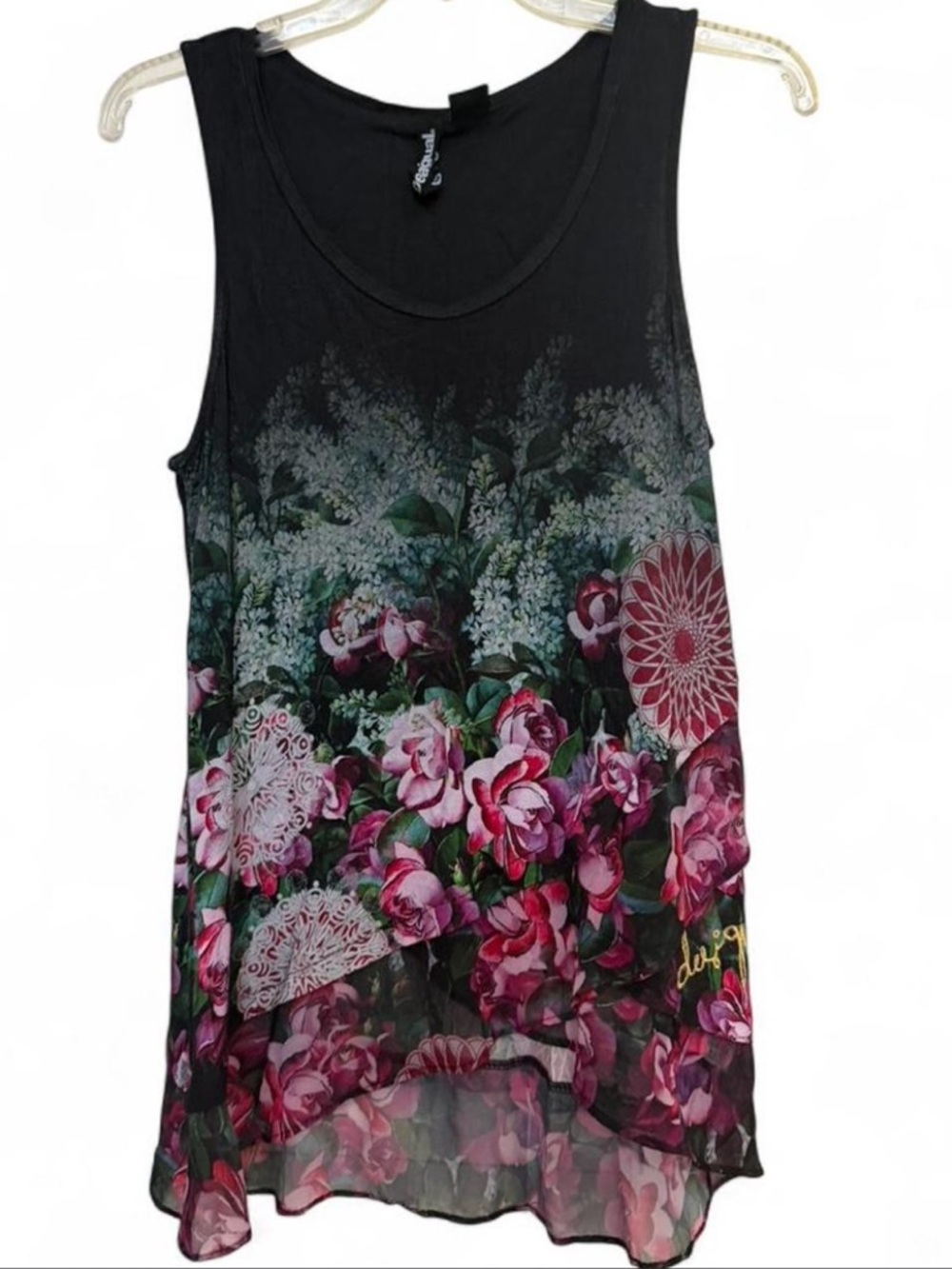 Desigual Floral Print Sleeveless Tank Top - Black and Pink